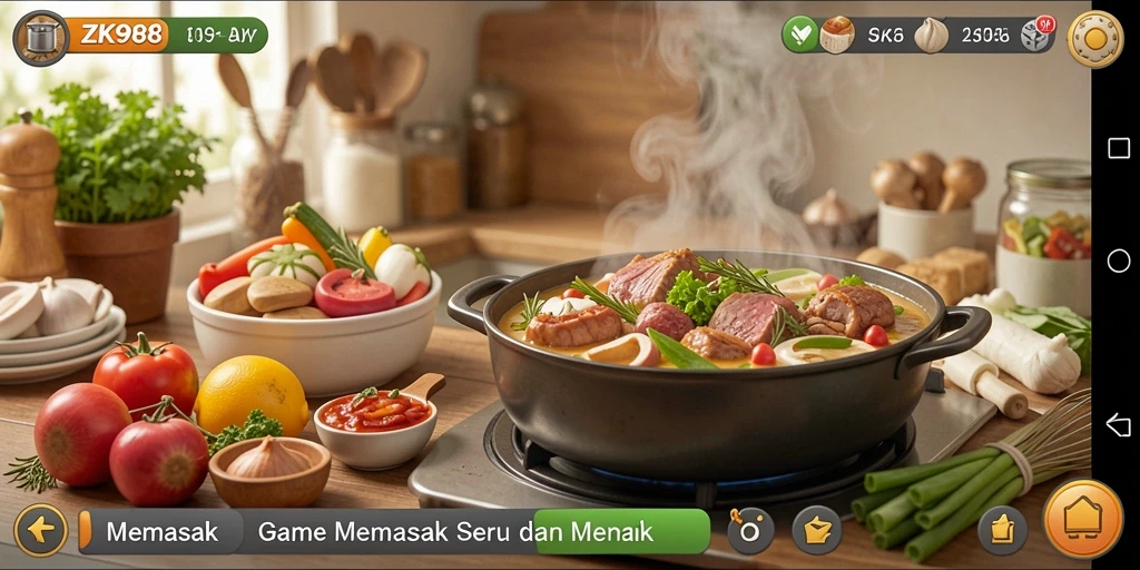 Tampilan antarmuka ZK988 saat memasak dengan berbagai resep dan alat masak.